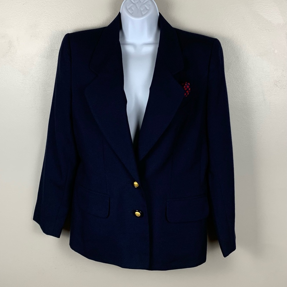Le Suit Two-Button Blazer‎ Womens Size 10 Navy Blue Jacket Lined Gold Buttons